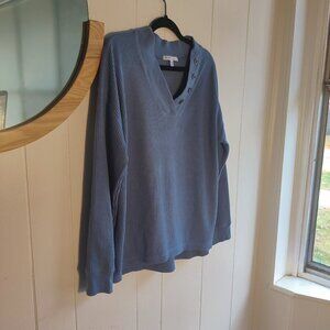 Cotton Pullover in a Waffle weave fabric. Blue Grey Colorway V-neck with buttons